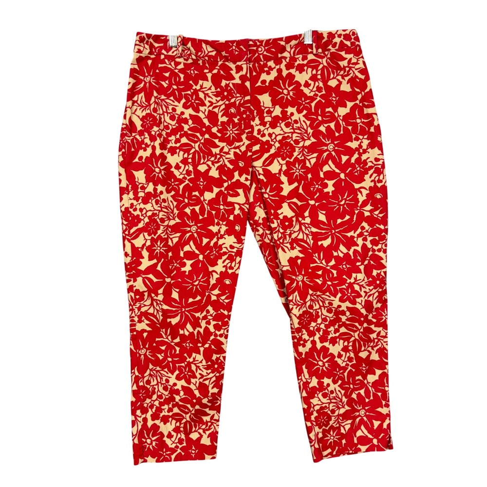 Talbots Pants Womens 16W Red Tan Heritage Floral Cropped Cotton Stretch Straight